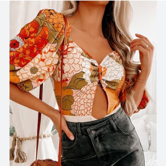 Orange Floral Puff Sleeve Bodysuit – Size Medium - Picture 1 of 3